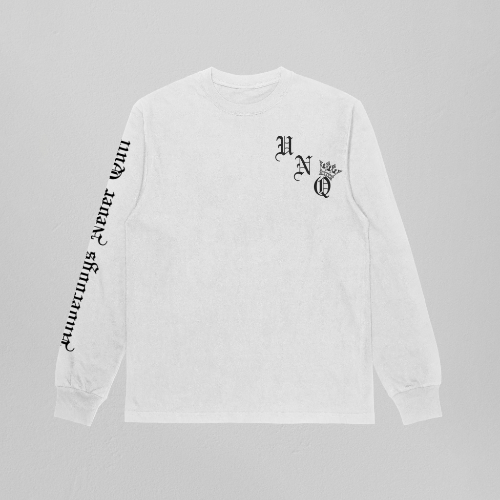 Underdogs Never Quit: Old English Long Sleeve T-Shirt (White)