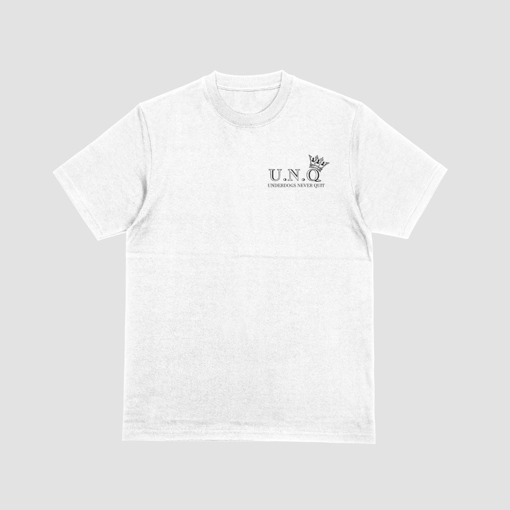 Underdogs Never Quit: Small Pocket Graphic Design T-Shirt (White)