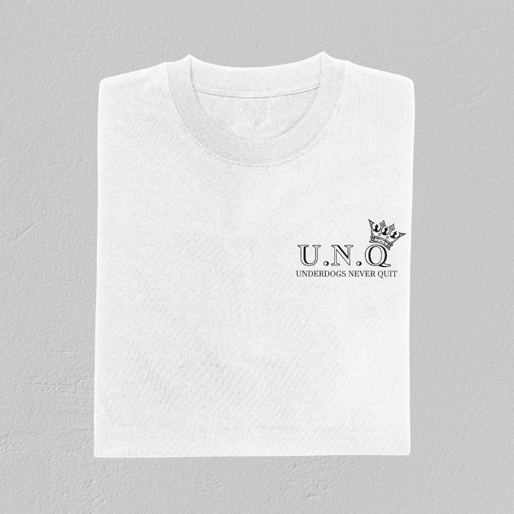 Underdogs Never Quit: Small Pocket Graphic Design T-Shirt (White)