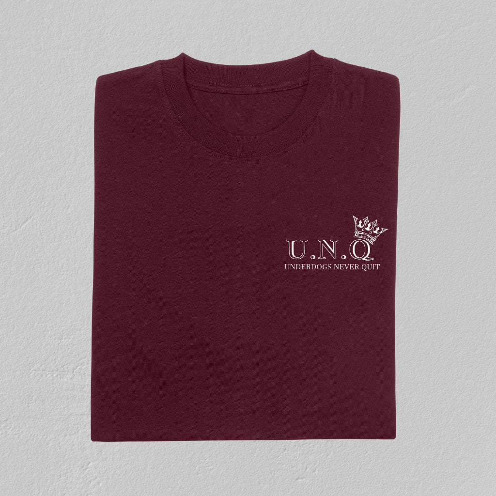 Underdogs Never Quit: Small Pocket Graphic T-Shirt (Maroon/Burgundy)